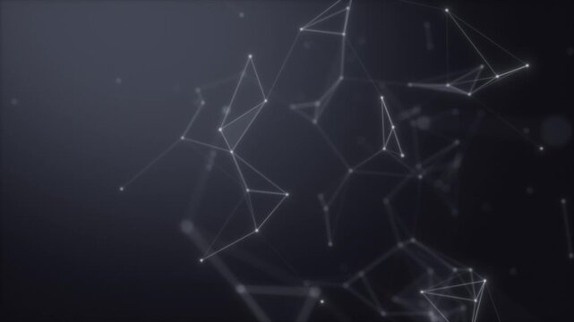 Elegant abstract loop of metallic silver lines and white glowing nodes on a deep dark charcoal gradient. Perfect for sophisticated corporate and architectural tech.