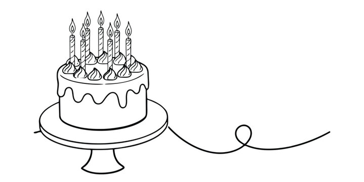 Black and white line drawing of a birthday cake with lit candles on a stand