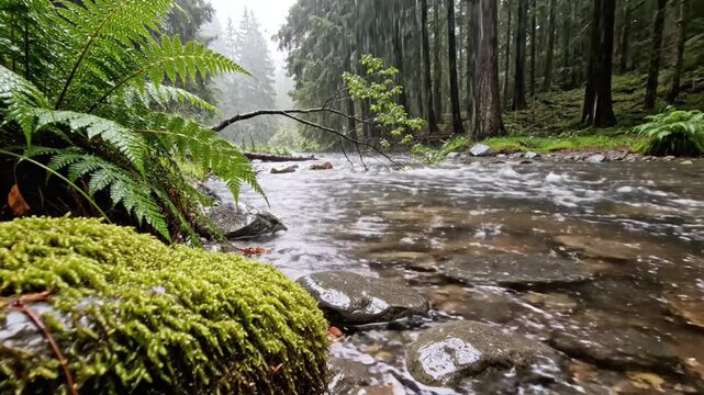 Flowing forest stream with mossy rocks and ferns lush green trees overcast day natural beauty
