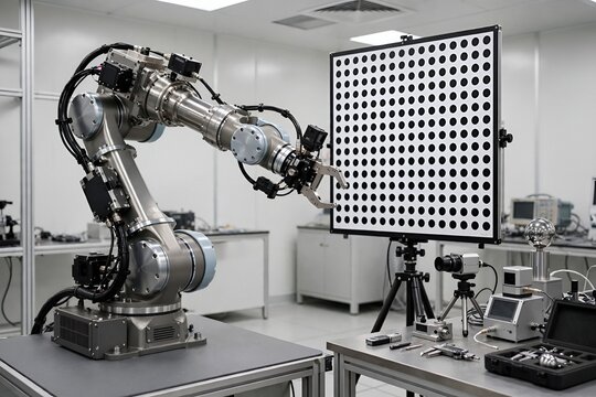 Industrial robotic arm facing calibration panel in laboratory testing facility