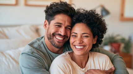 Obraz premium Happy multi ethnic couple embracing and smiling at home