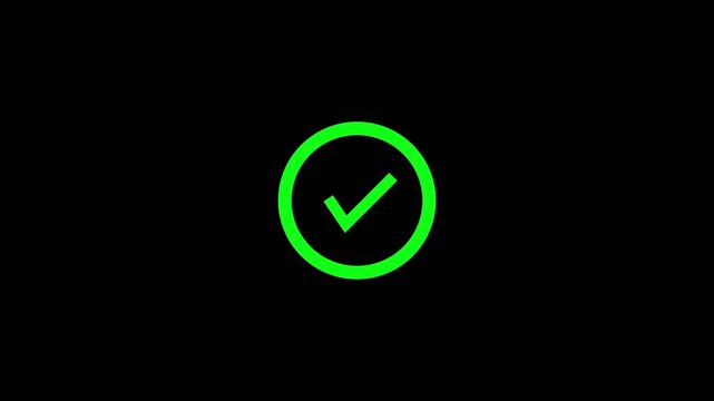 green power button, Green check mark on black background, checkmark animation symbol, yes approve choice, approved tick mark, verified symbol, yes icon, check mark flat style,  Check mark icon