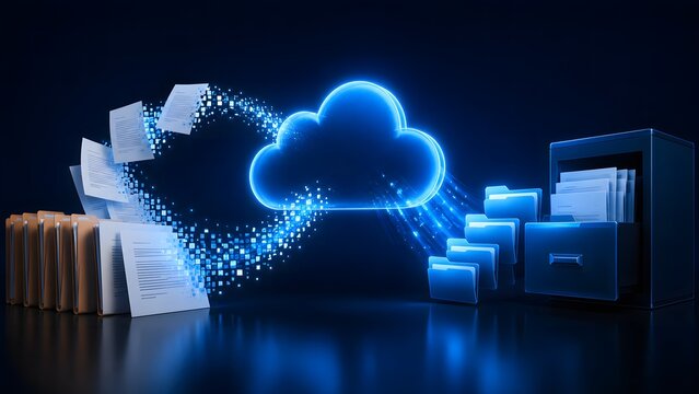 Cloud computing digital transformation concept showing physical folders converting into glowing digital data moving to virtual storage
