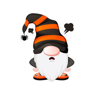 Angry Halloween gnome in striped hat with steam from ears isolated on transparent background