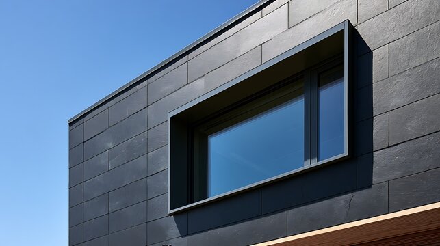 Modern house facade with dark slate tiles and window