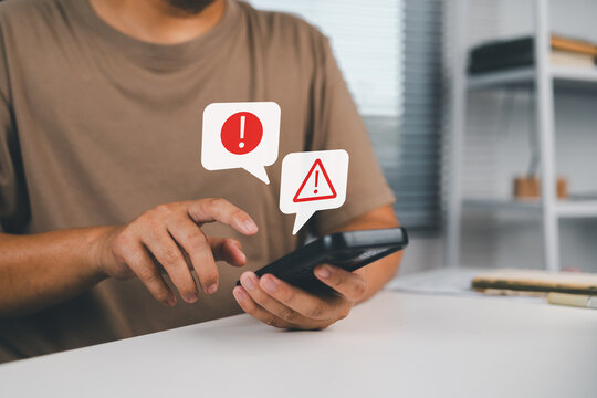Cybersecurity threat from fake email and SMS alerts on smartphone, with red warning icons indicating phishing messages, identity theft risk, and online fraud targeting mobile users