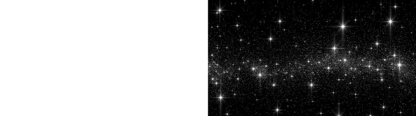 Naklejka premium Glowing white stars and sparkling glitter dust on transparent and black background. Christmas stars. Magical stardust overlay with lens flares. Stardust Particle Field Overlay PNG. Cosmic Background
