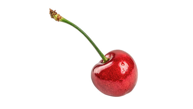 Single fresh red cherry with green stem isolated on transparent background for summer fruit dessert menu designs.