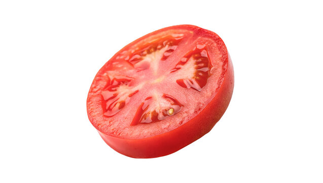 Fresh round slice of ripe red tomato isolated on transparent background for restaurant pizza sandwich ingredients.