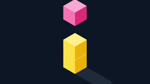 Minimalist isometric animation of stacking colorful blocks