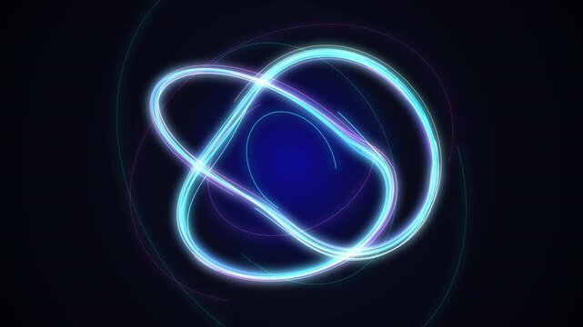 Looping abstract 3d animation of flashing neon threads forming a knot torus, dynamic energy