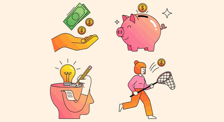 Fototapeta premium Flat vector financial icons set, personal finance and money management illustrations, creative business ideas and savings concepts