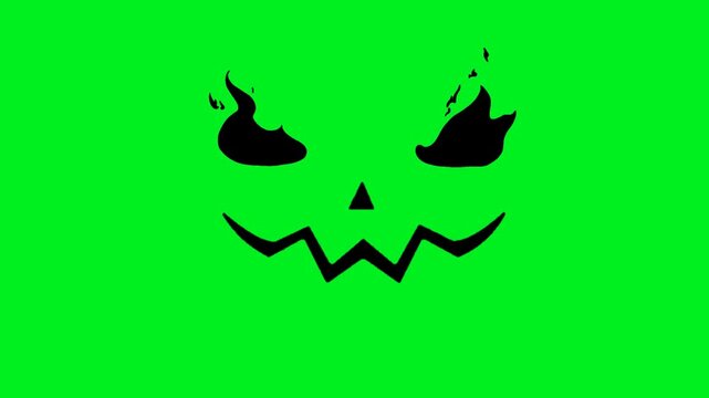 Scary Halloween Pumpkin Face Loop with Flaming Eyes on Green Screen, Evil Grinning Expression and Fiery Glow for Horror Videos, Chroma Key Editing, Haunted Events and Spooky Content Creation