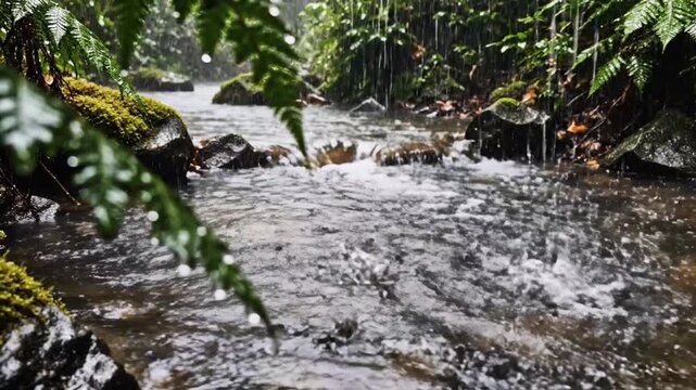 Gentle rain falls on a mossy forest stream with ferns and rocks tranquil nature scene
