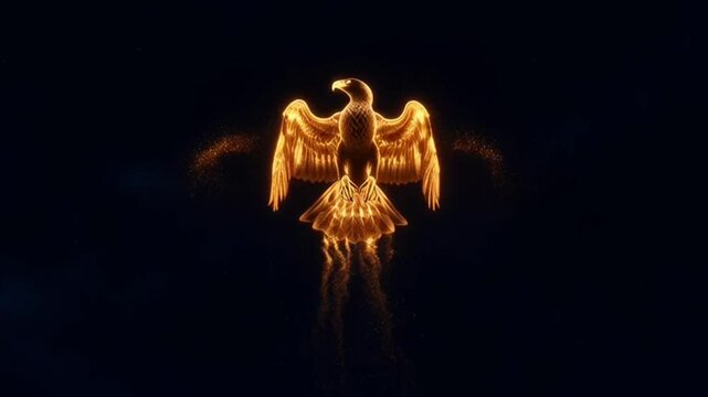 A majestic eagle silhouette formed by golden glowing flames against a dark black background.