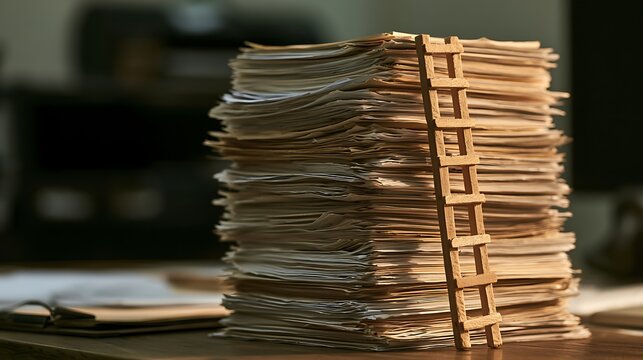 Large stack of papers with a tiny wooden ladder