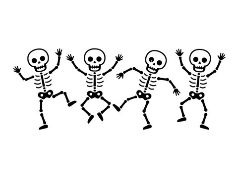 Dancing skeleton characters in black and white, funny Halloween skeletons vector set, spooky cartoon bones in motion for party decor