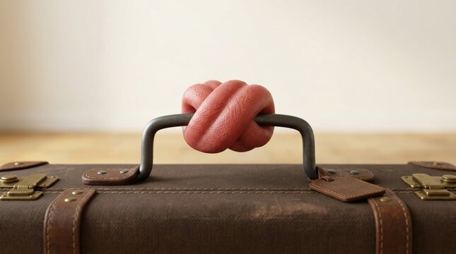 Cute knotted red fabric tied to vintage suitcase handle with travel nostalgia
