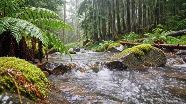 Lush Green Forest Stream with Ferns and Mossy Rocks Gentle Water Flow Misty Atmosphere