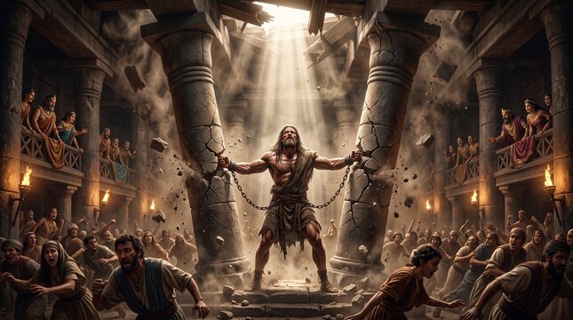 Samson cries out as he shatters the temple pillars causing stone blocks to fall on the Philistines in Book of Judges biblical scene.