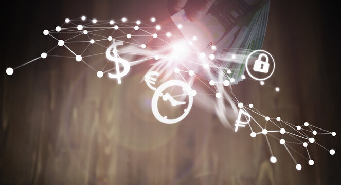 Abstract media background. European Union banknotes in hands. A pack of 100 euro banknotes in the hands. Cash transfer.