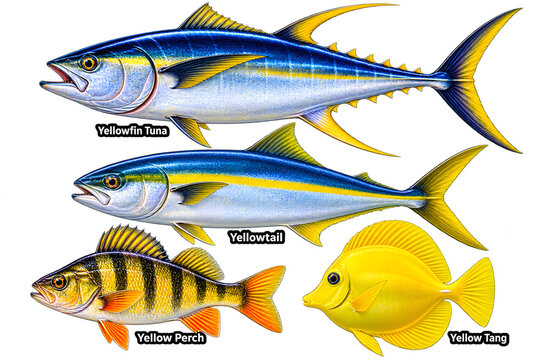 Yellow Fish Species Illustration, Tuna Yellowtail Perch Tang, Dark Gradient Marine Chart, Vibrant Yellow Aquatic Poster, Educational Fish Reference Art  