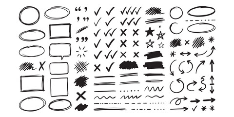 Set of hand drawn sketch doodle elements including circles squares arrows check marks and underlines © Elite Art