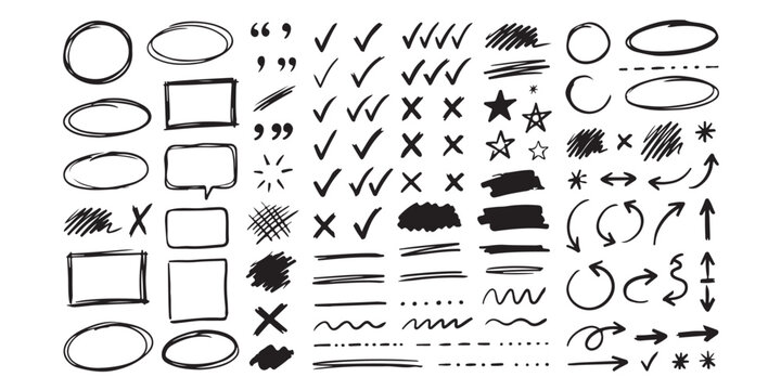 Set of hand drawn sketch doodle elements including circles squares arrows check marks and underlines