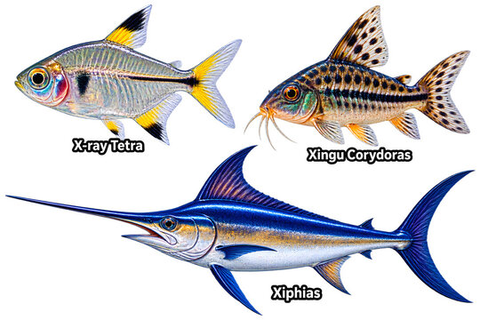 X-ray Tetra Corydoras Xiphias, Labeled X Fish Composite, Dark Blue Marine Chart, Translucent Aquatic Poster, Educational Fish Reference Art  
