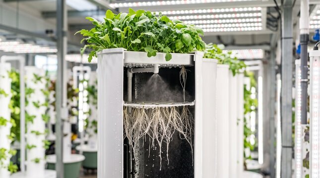 Aeroponic vertical farming system with plants and visible root structure