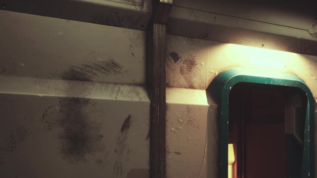 A doorway stands open in a sci fi environment. Lights create a warm glow inside. Shadows from the walls add depth. Details on the surface show wear and age.