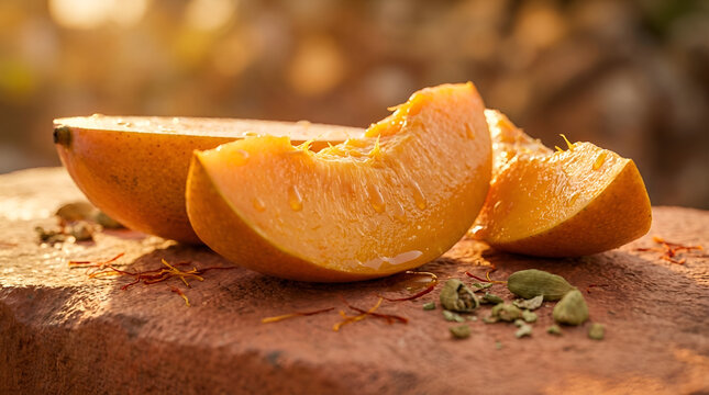 Fresh sliced pumpkin on a rustic stone surface. Orange squash pieces for autumn cooking.