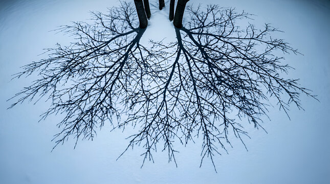 Bare tree shadows on snow. Winter landscape with dark branches on white ground.