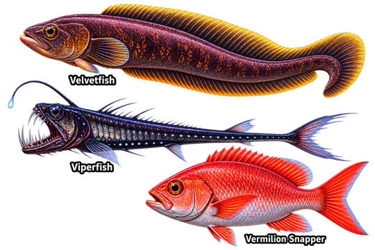 Velvetfish Viperfish Snapper Art, Labeled V Fish Composite, Dark Warm Marine Chart, Deep Sea Aquatic Poster, Educational Fish Reference  