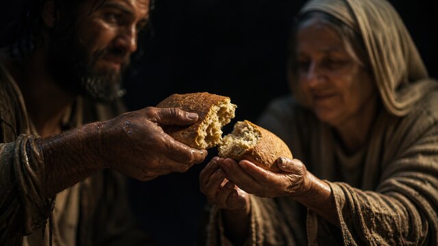 Man breaking bread and sharing loaf with elderly woman in biblical times. Fruit of repentance concept. Charity, kindness and generosity. Faith and compassion in ancient Judea