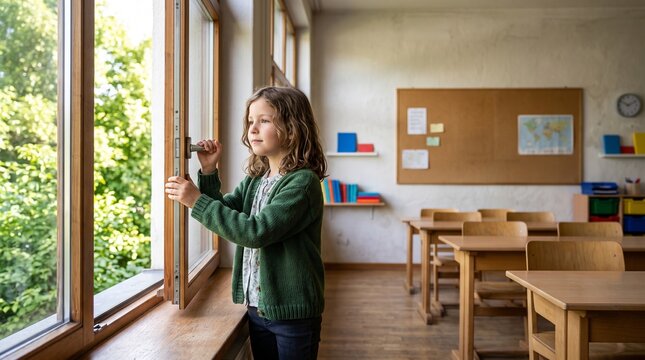 Student opens classroom window for fresh air