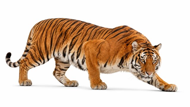 majestic Bengal tiger stretches forward, showcasing its powerful body and distinctive orange coat with black stripes on a white background.