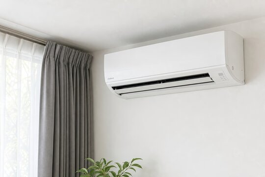 Modern white air conditioner unit mounted on a light grey wall, next to a window with grey curtains, providing cooling and climate control for interior spaces.