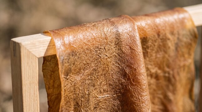 Sheet of natural sun dried fruit leather draped over a wooden frame