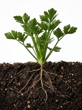 Single Celery Plant with Green Leaves and Thin Fibrous Roots Growing in Dark Fertile Soil Cross Section