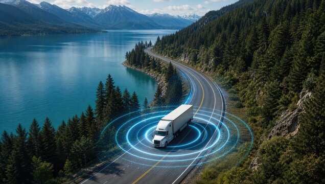 Autonomous cargo truck driving along winding scenic coastal highway by turquoise lake in mountains with blue futuristic radar wave overlay scanning the road.