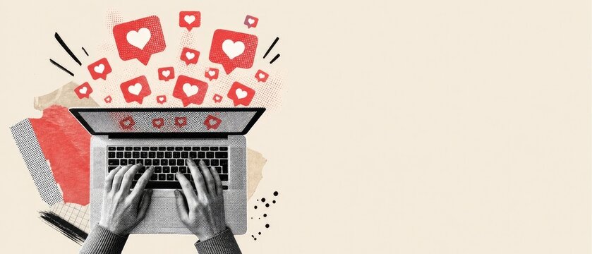 Overhead view of person typing on laptop with heart like icons emerging, symbolizing social media engagement and online popularity.