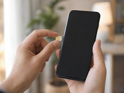 Hand inserting nano sim card into smartphone slot, preparing mobile device for network connection and communication.