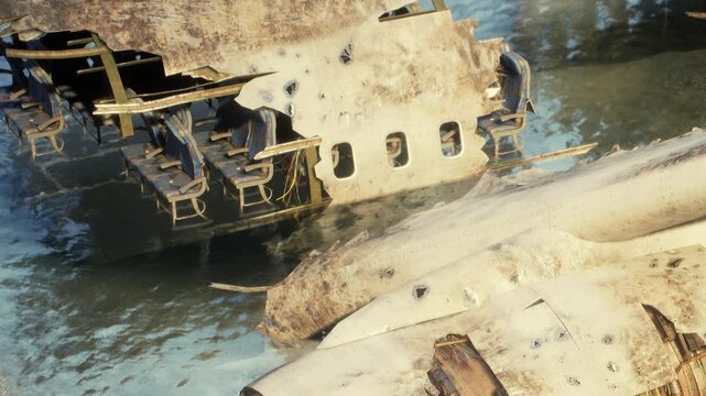 Two airplane wrecks sit partially underwater in a remote area. Seats are visible inside the exposed cabins. The scene shows decay and neglect, with nature taking over the aircraft.