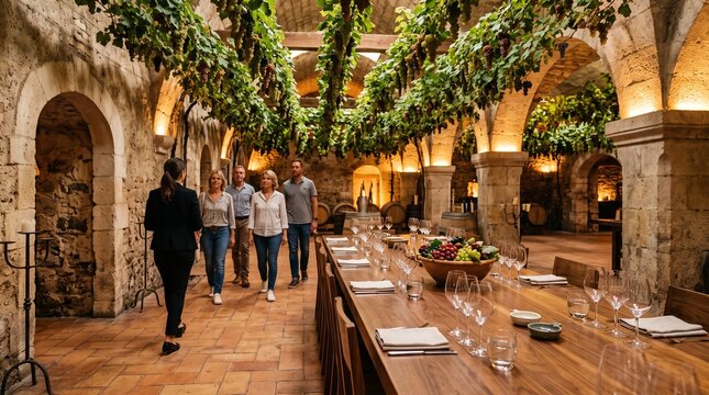 Guests explore an inverted vineyard cellar tasting room