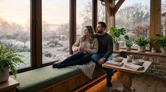 Couple relaxes after breakfast in a heated extension