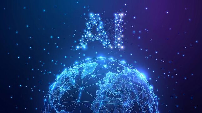 Artificial intelligence network connecting the world with glowing lines and points on a dark blue background