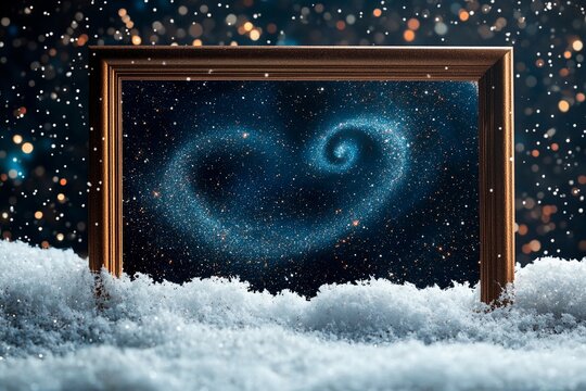 Swirling stardust captured in a shimmering frame under a cosmic night sky