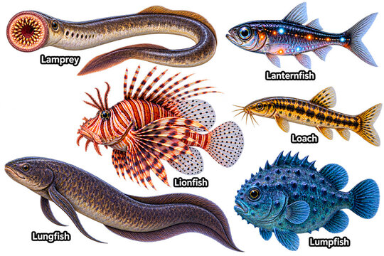 Lamprey Lanternfish Lionfish Loach, Lungfish Lumpfish Illustration, Dark Gradient Marine Chart, Unique Aquatic Poster, Educational Fish Reference Art  