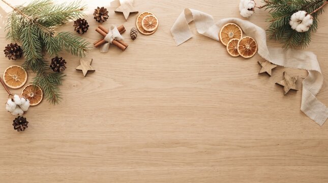 Wooden table flat lay with Christmas spices, dried oranges, and ribbon.